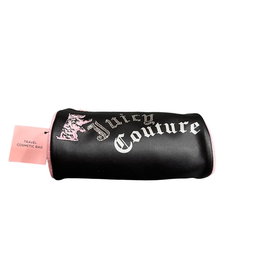 Juicy Couture Black Pink Travel Cosmetic Bag Rhinestone Logo Barrel Pouch NWT
